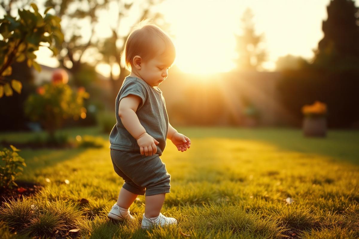 A child's first steps at sunset