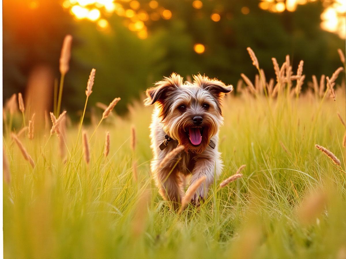 A dog running through tall grass