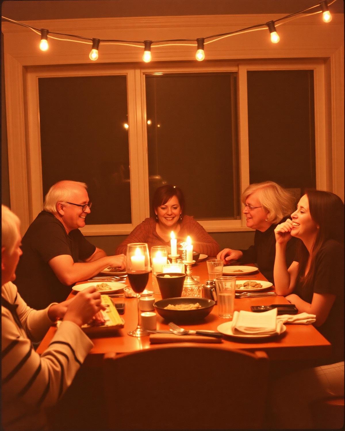 A family dinner under string lights