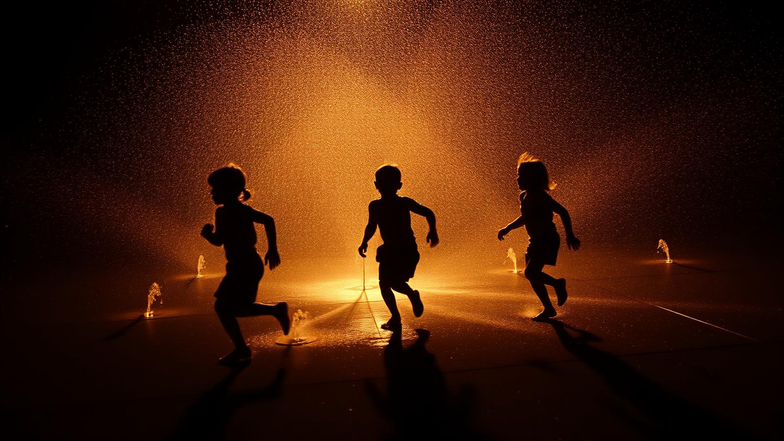 Children running through sprinklers, backlit at dusk
