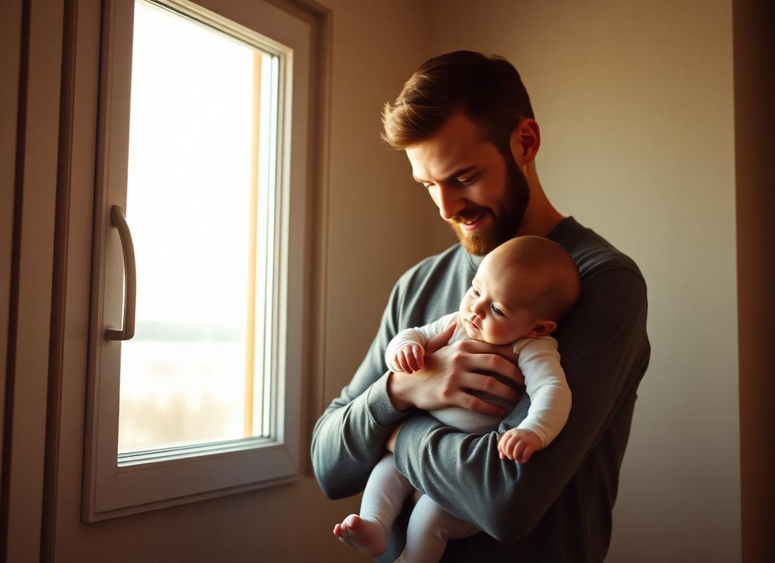 A father holding his baby by a window