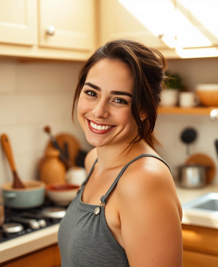 Maya smiling in a sunlit kitchen