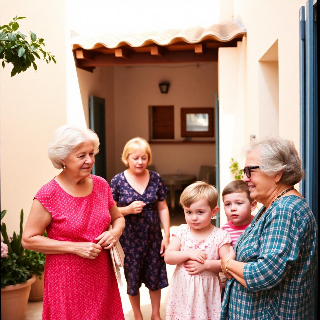 Three generations of a family in a sunlit courtyard
